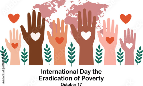 Diverse hands raised with hearts symbolizing unity and global support for poverty eradication