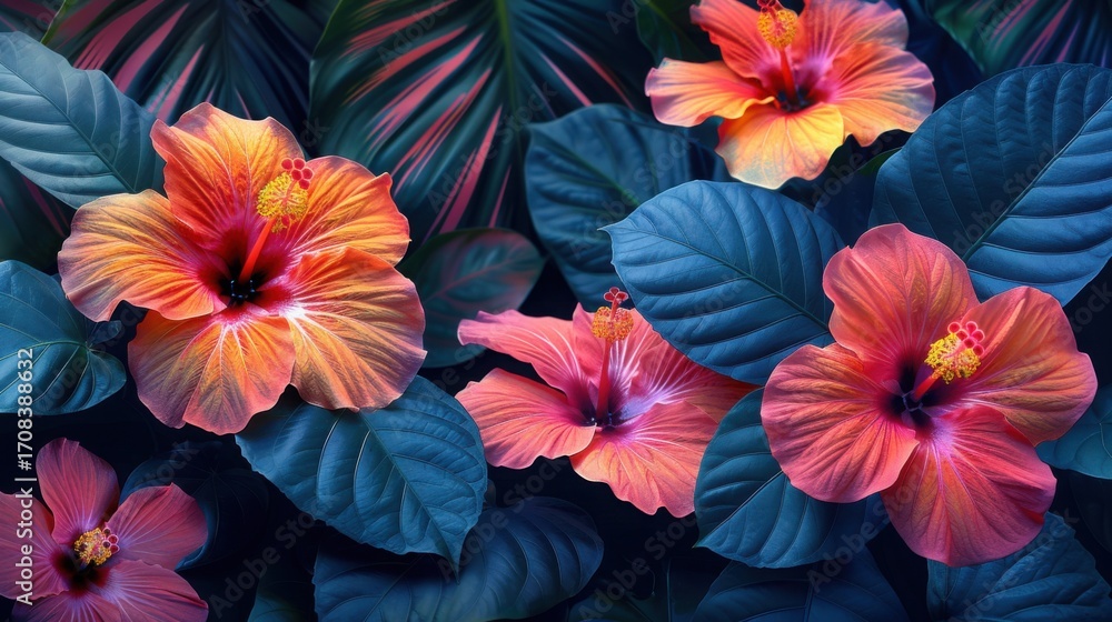 custom made wallpaper toronto digitalVibrant Tropical Hibiscus Flowers Surrounded by Lush Green Leaves