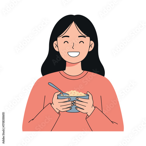 Enjoying a bowl of oatmeal home kitchen illustration cozy environment front view healthy lifestyle concept. Vector illustration