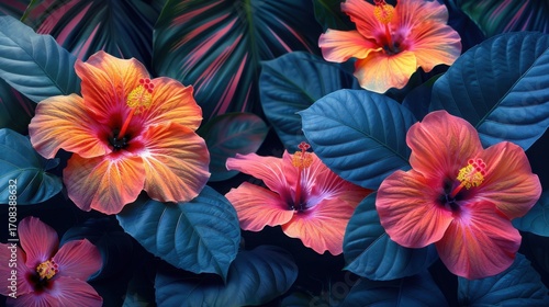 Wallpaper Mural Vibrant Tropical Hibiscus Flowers Surrounded by Lush Green Leaves Torontodigital.ca