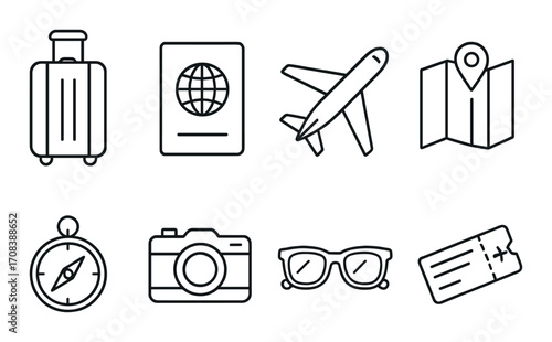 Travel essentials icons: luggage, passport, airplane, map, compass, camera, glasses, ticket