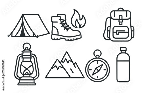 Camping essentials icons: tent, boots, campfire, backpack, lantern, mountains, compass, bottle