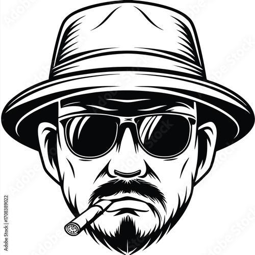 Monochrome portrait showcases bearded man with fedora, sunglasses, and a cigar between his teeth