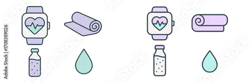 Health and fitness technology icons with wellness products and monitoring devices in a modern design