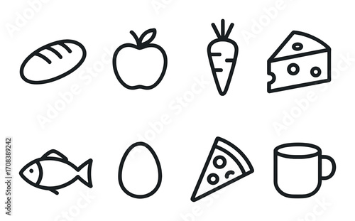 Minimalist food icons on dark background: bread, apple, carrot, cheese, fish, egg, pizza, mug