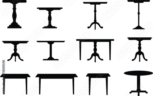 Vintage table silhouettes collection, black vector furniture icons, dining and coffee table designs, home decor illustration, antique wooden table graphic elements set