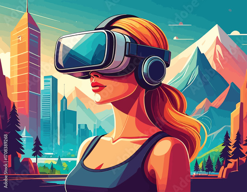 Woman wearing VR headset exploring virtual reality world.