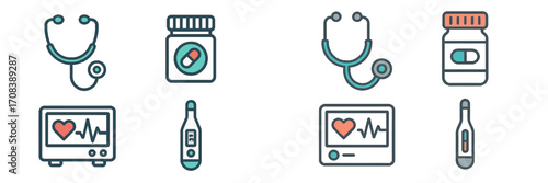 Medical equipment and supplies illustrated with simple icons on a clean background