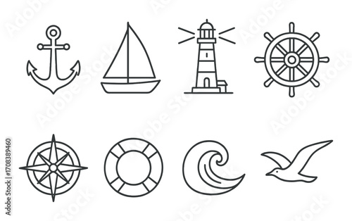 Nautical symbols: anchor, sailboat, lighthouse, ship wheel, compass, lifebuoy, wave, seagull