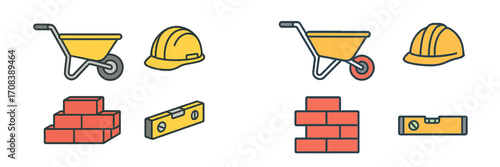 Construction tools and materials used on a building site including wheelbarrows, hard hats, and bricks