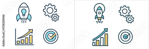 Graphic representation of growth strategies with rockets and gears in a split design