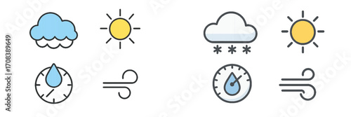 Weather icons representing various conditions including sun, rain, and snow in a minimalist design