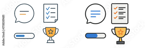 Visual representation of task completion, awards, and progress indicators using simple design elements