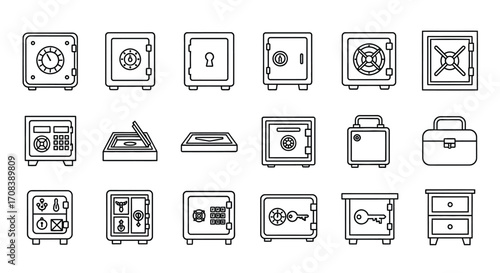 Collection of various safes and security boxes diverse designs for asset protection and financial storage vector