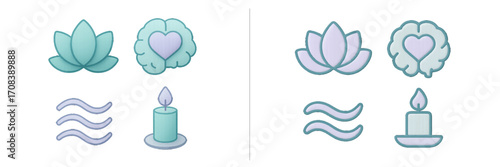 Various symbols representing mindfulness, emotions, and relaxation depicted in soft pastel colors and minimalist style