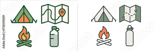 Stylized outdoor camping symbols showcase tents, maps, fire, and essential gear for adventurous trips in nature