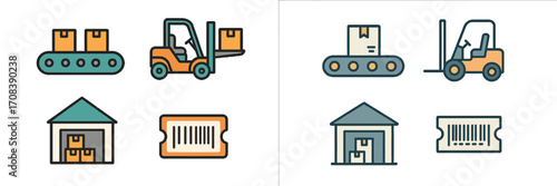 Conveyor belts and forklifts in a warehouse handling various packages with effective logistics management