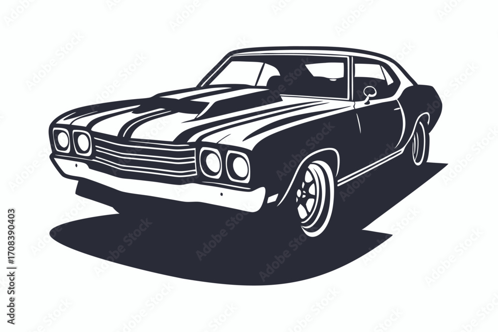 Naklejka premium The black American muscle car showcases its iconic racing stripes on a white background