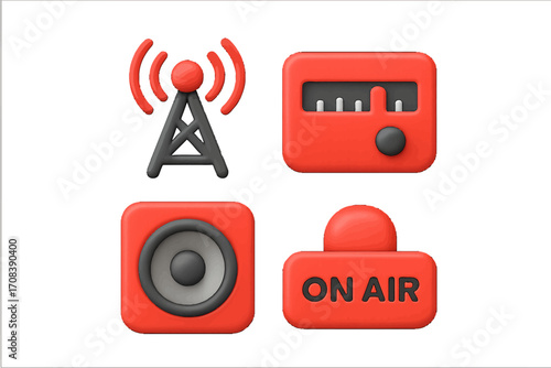 Icons representing radio broadcasting and communication in a vibrant digital format