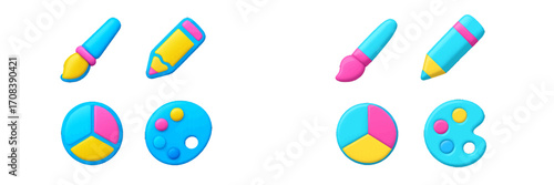 Colorful art supplies on a white background showcasing creativity and design elements for artistic projects