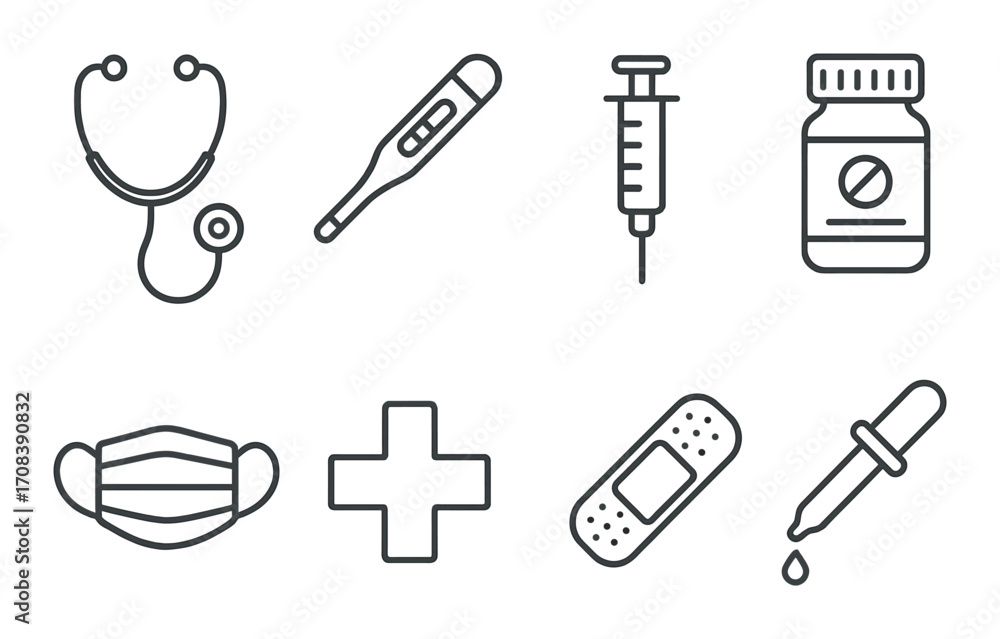 Fototapeta premium Medical tools and supplies: stethoscope, thermometer, syringe, medication, mask, cross, bandage, dropper