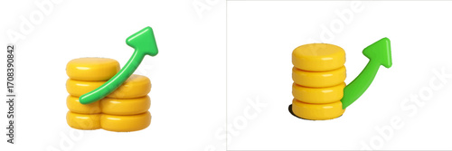 Yellow coins stacked with green arrows showing upward trends in finance and growth concepts