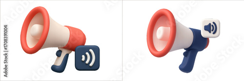 Creative 3D illustration of megaphones with sound symbols in vibrant colors