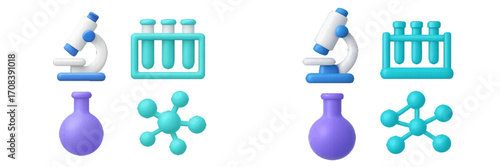 Colorful laboratory equipment including microscopes, test tubes, and molecular structures arranged in pairs for educational purposes