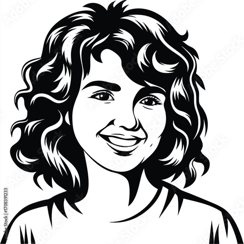 Smiling young woman with curly hair looks forward in a striking monochrome portrait
