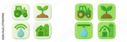 Farm themed icons display agricultural tools and nature elements in vibrant colors for educational purposes