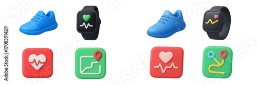 Blue sneakers and smartwatch icons represent fitness and health tracking in a modern digital lifestyle