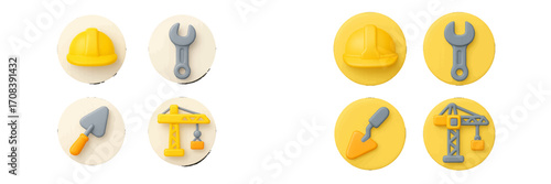 Construction themed cake decorations featuring tools and hard hats on vibrant yellow backgrounds