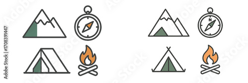 Outdoor adventure symbols featuring mountains, tents, and compasses for camping enthusiasts