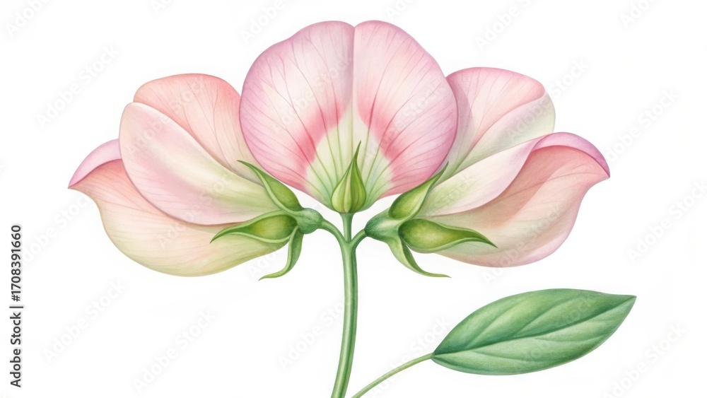 Fototapeta premium Watercolor sweet pea flower isolated on white background botanical illustration of a light pink flower