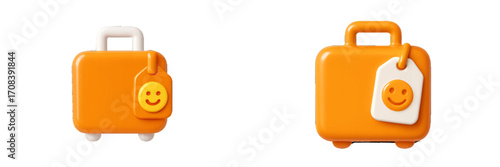 Bright orange travel bags with playful smiley face tags on a white background during a design showcase