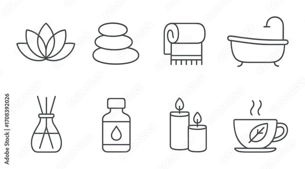 Obraz premium Spa essentials icons: relaxation, serenity, bathtub, candle, lotus, stones, aromatherapy, cup