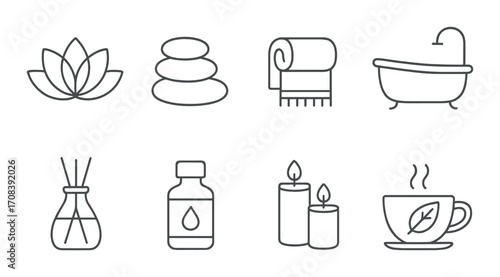 Spa essentials icons: relaxation, serenity, bathtub, candle, lotus, stones, aromatherapy, cup