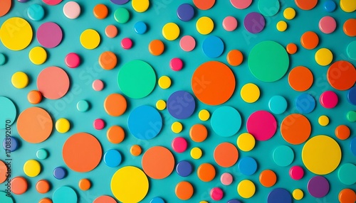 A cheerful background of evenly spaced polka dots in varying sizes and bright colors, polka dots,  colorful background