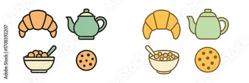 Breakfast foods in simple illustrations showcasing croissants, tea, bowls, and cookies in a minimalistic design