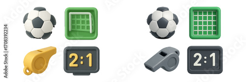 Colorful soccer icons are displayed on a white background representing the sport with various game elements and score details