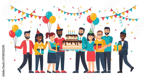 A happy and diverse group of friends or colleagues celebrating a birthday party with a large cake, gifts, and festive decorations