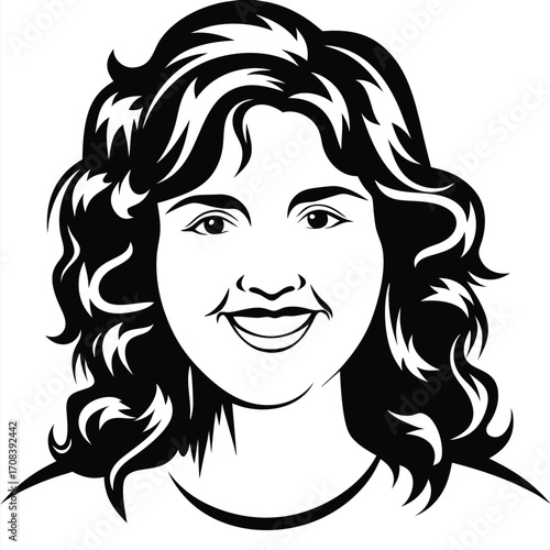 Outlined illustration shows a smiling Caucasian woman with curly hair and a simple shirt