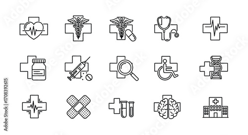 Collection of hand-drawn medical icons and symbols for healthcare and medicine vector