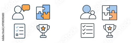 Creative collaboration and achievement icons showcasing teamwork, development, and success in various activities and tasks