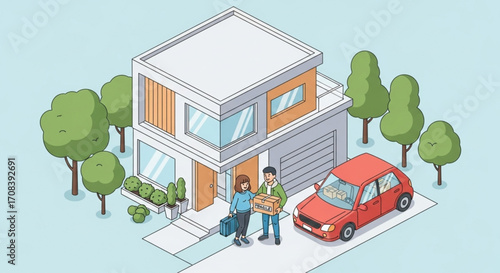 Isometric illustration of a young couple moving into a modern house, unpacking boxes from their car in a suburban neighborhood