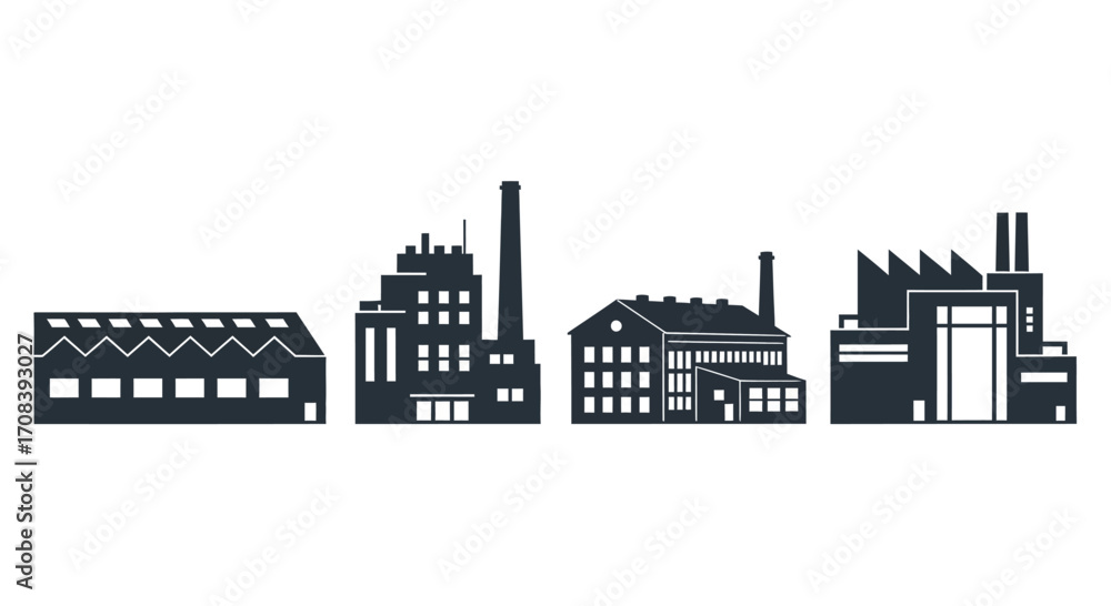 Naklejka premium Industrial factory buildings silhouette set industrial architecture manufacturing plant structures landscape isolated vector