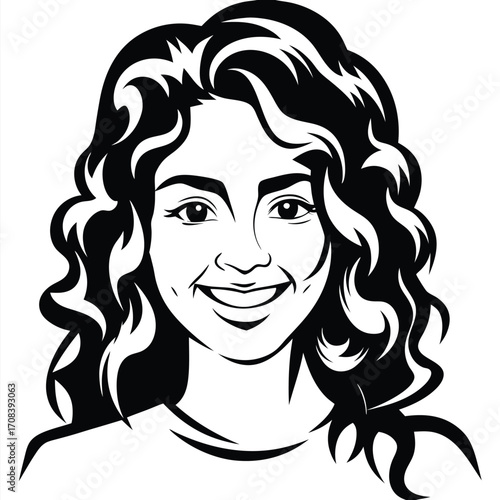 Smiling woman with wavy hair is drawn in black and white monochrome