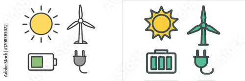 Renewable energy icons representing solar and wind power with battery storage elements for sustainable technology discussions