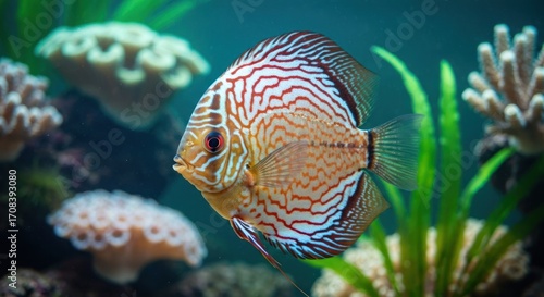 Close-up of a colorful discus fish in an aquarium.  Coral and aquatic plants surround it