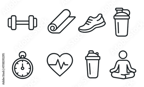 Fitness icons set: dumbbell, mat, shoe, shaker, stopwatch, heartbeat, meditation